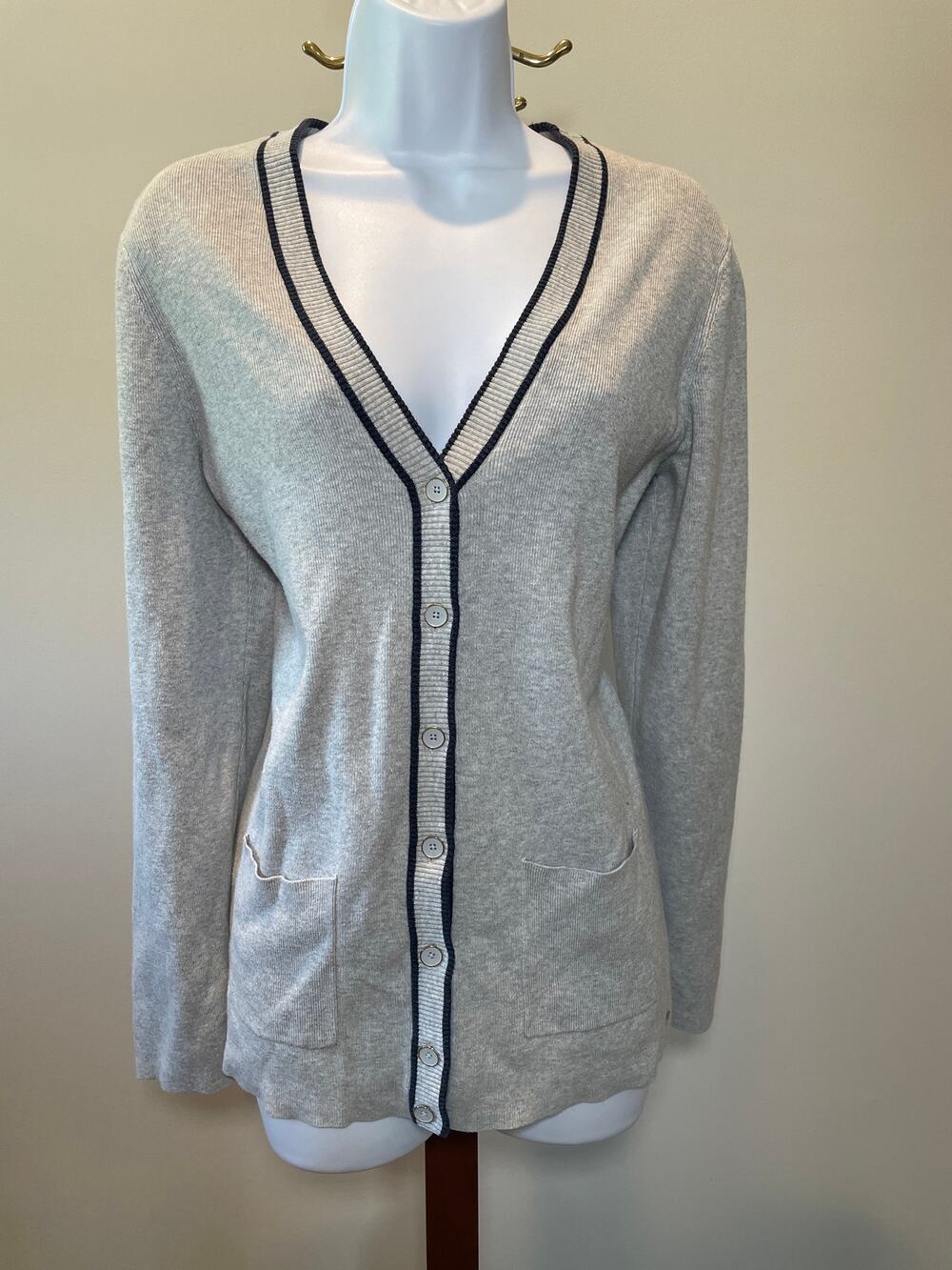 Tommy Hilfiger Size L Gray Button‑Up Cardigan with Navy Trim